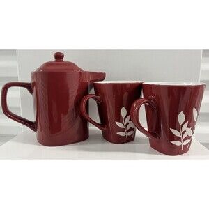 California Pantry Tea Kettle, Coffee Mug Red (2) with White Ferns